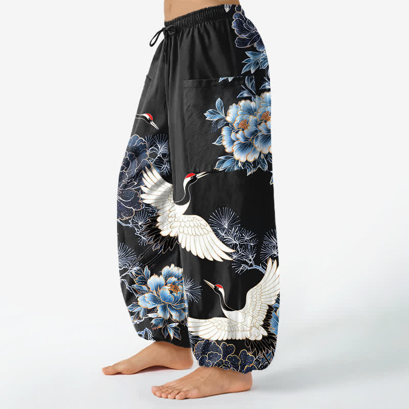 Buddha Stones Pantaloni harem da donna in cotone con motivo a gru e peonia orientali, vita elasticizzata e tasche laterali. - image 11