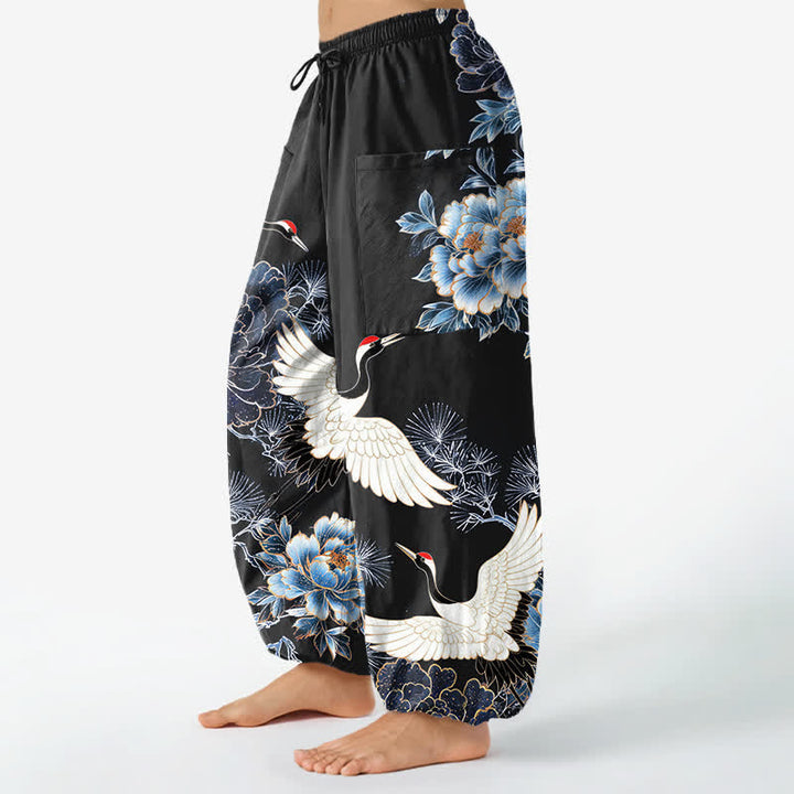 Buddha Stones Pantaloni harem da donna in cotone con motivo a gru e peonia orientali, vita elasticizzata e tasche laterali. - image 11