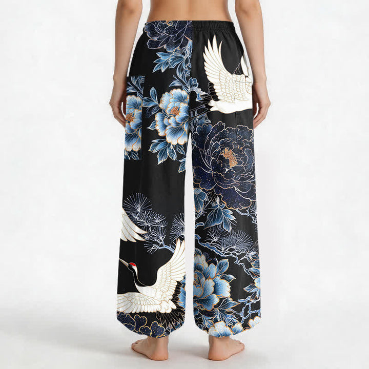Buddha Stones Pantaloni harem da donna in cotone con motivo a gru e peonia orientali, vita elasticizzata e tasche laterali. - image 12