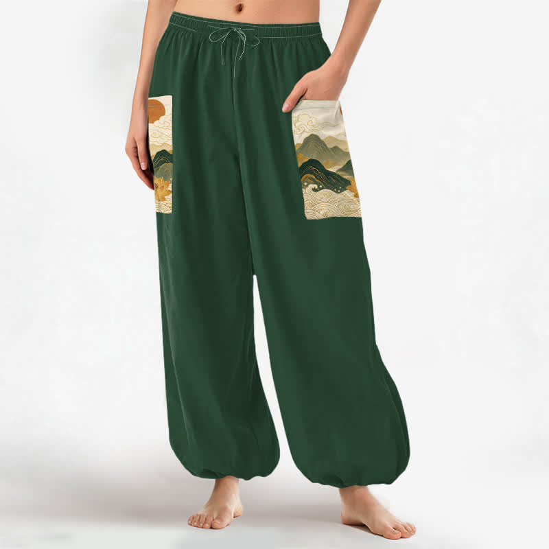Buddha Stones Pantaloni harem da donna in cotone con motivo a loto di montagna orientale e vita elasticizzata, con tasche laterali. - image 1