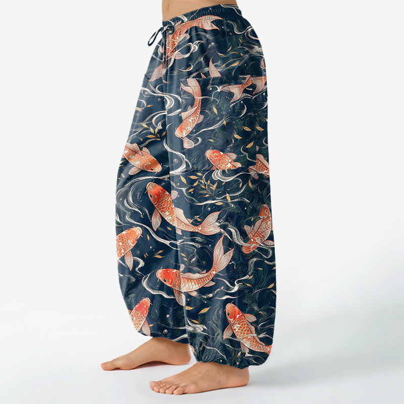 Buddha Stones Pantaloni harem da donna in cotone con motivo a onde di koi orientali e vita elasticizzata, con tasche laterali. - image 1