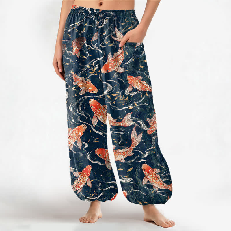 Buddha Stones Pantaloni harem da donna in cotone con motivo a onde di koi orientali e vita elasticizzata, con tasche laterali. - Grigio ardesia scuro - US16, UK/AU20, EU48 (3XL) - image 0