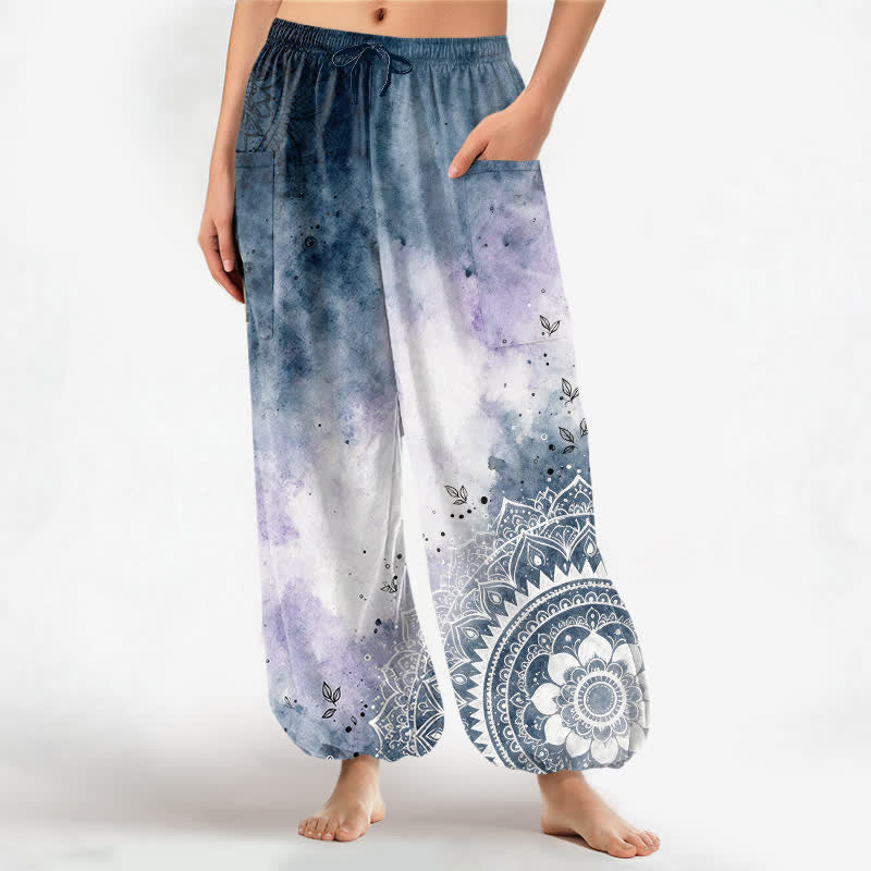 Buddha Stones Pantaloni harem da donna in cotone con stampa mandala sfumata effetto acquerello e motivo loto, vita elasticizzata e tasche laterali. - SteelBlue - US16, UK/AU20, EU48 (3XL) - image 0