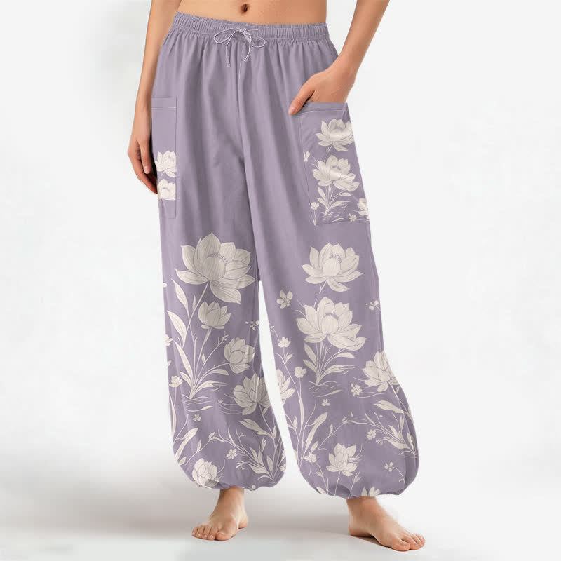Buddha Stones Pantaloni harem da donna in cotone con motivo vintage a fiori di loto, vita elasticizzata e tasche laterali. - Cardo - US16, UK/AU20, EU48 (3XL) - image 0