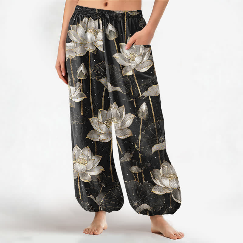 Buddha Stones Pantaloni harem da donna in cotone con motivo floreale orientale a loto, vita elasticizzata e tasche laterali. - Nero - US16, UK/AU20, EU48 (3XL) - image 0