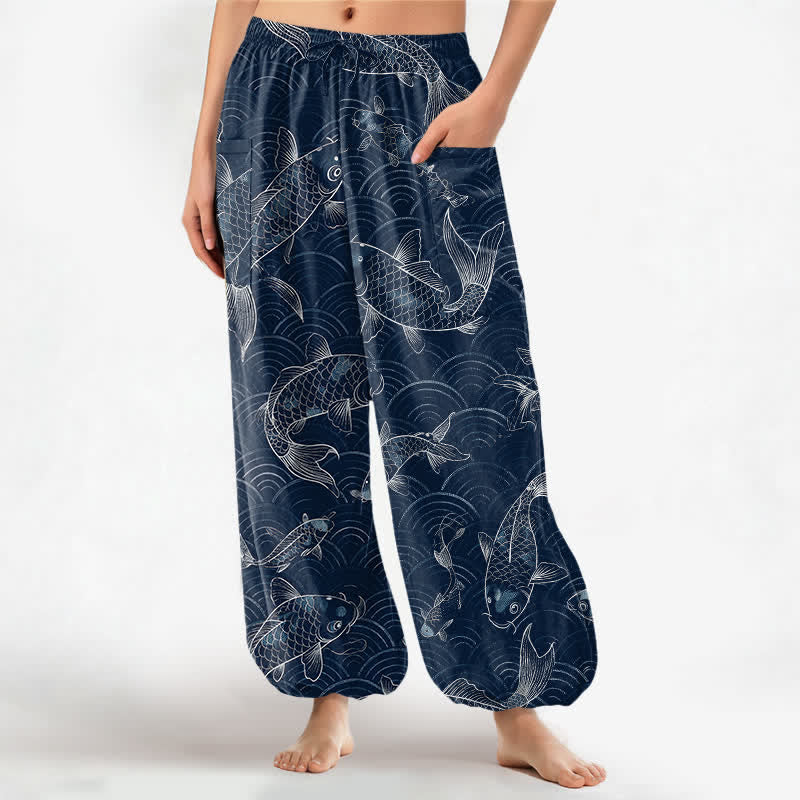 Buddha Stones Pantaloni harem da donna in cotone con motivo a onde Zen Koi e vita elasticizzata, con tasche laterali. - Marina - US16, UK/AU20, EU48 (3XL) - image 0