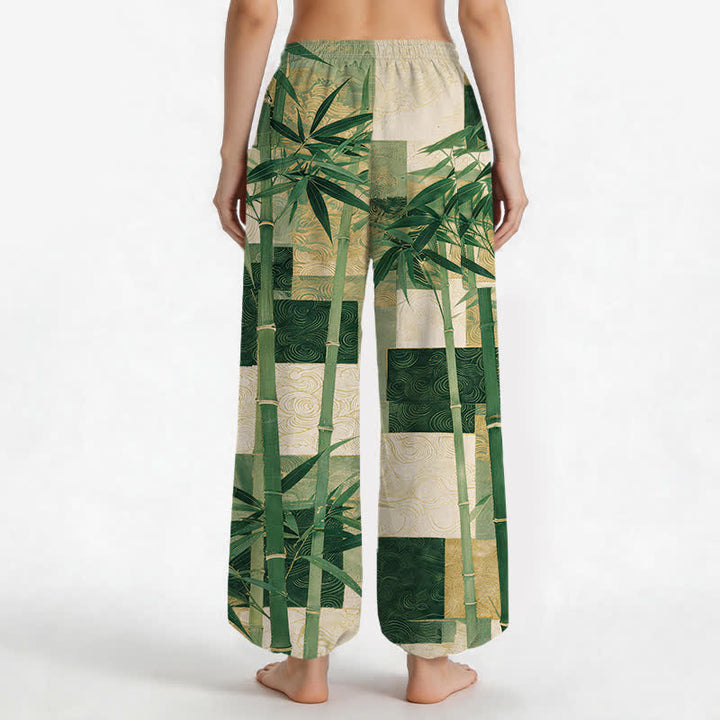 Buddha Stones Pantaloni harem da donna in cotone con motivo patchwork di bambù e vita elasticizzata, con tasche laterali. - image 2