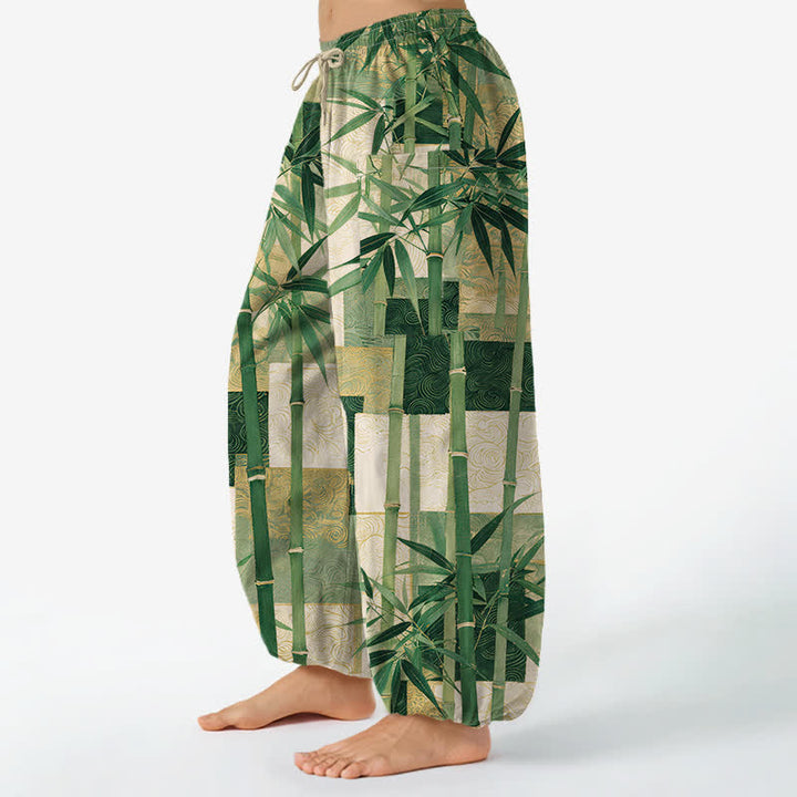 Buddha Stones Pantaloni harem da donna in cotone con motivo patchwork di bambù e vita elasticizzata, con tasche laterali. - image 1