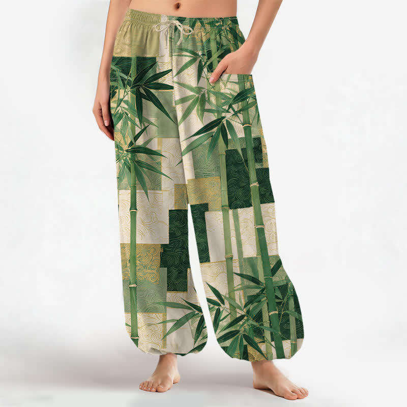 Buddha Stones Pantaloni harem da donna in cotone con motivo patchwork di bambù e vita elasticizzata, con tasche laterali. - Verde studentesco - US16, UK/AU20, EU48 (3XL) - image 0