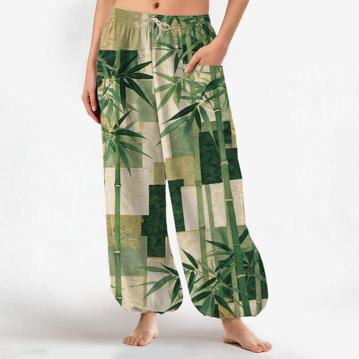 Buddha Stones Pantaloni harem da donna in cotone con motivo patchwork di bambù e vita elasticizzata, con tasche laterali. - Verde studentesco - US16, UK/AU20, EU48 (3XL) - image 0