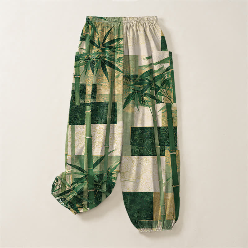 Buddha Stones Pantaloni harem da donna in cotone con motivo patchwork di bambù e vita elasticizzata, con tasche laterali. - image 4