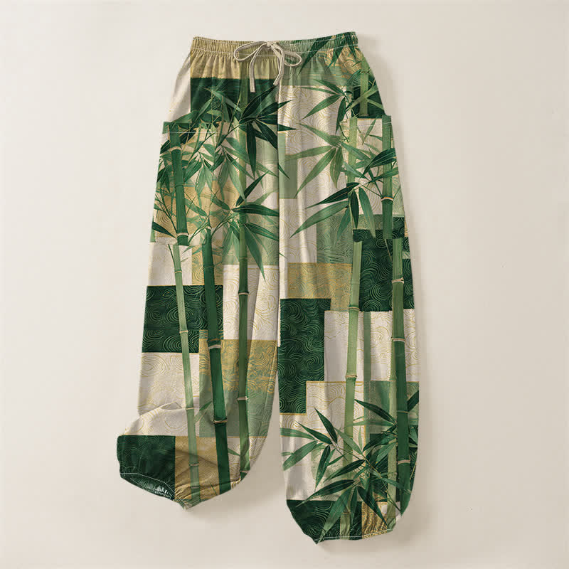 Buddha Stones Pantaloni harem da donna in cotone con motivo patchwork di bambù e vita elasticizzata, con tasche laterali. - image 3