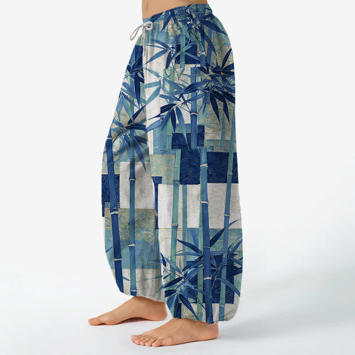 Buddha Stones Pantaloni harem da donna in cotone con motivo patchwork di bambù e vita elasticizzata, con tasche laterali. - image 8