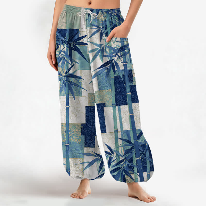 Buddha Stones Pantaloni harem da donna in cotone con motivo patchwork di bambù e vita elasticizzata, con tasche laterali. - Blu medio - US16, UK/AU20, EU48 (3XL) - image 7