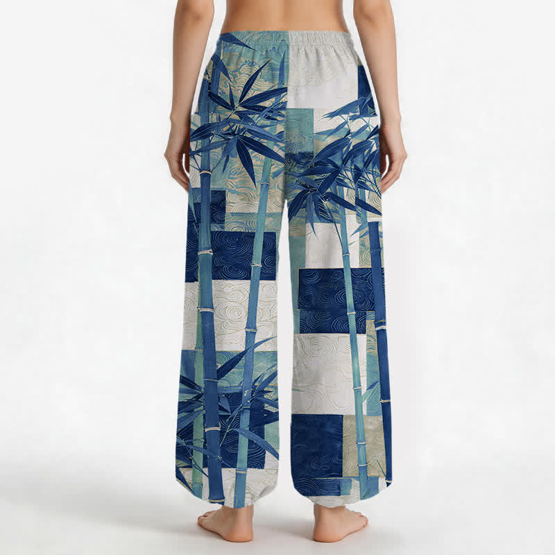 Buddha Stones Pantaloni harem da donna in cotone con motivo patchwork di bambù e vita elasticizzata, con tasche laterali. - image 9