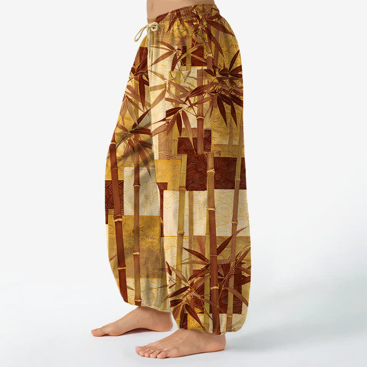 Buddha Stones Pantaloni harem da donna in cotone con motivo patchwork di bambù e vita elasticizzata, con tasche laterali. - image 11