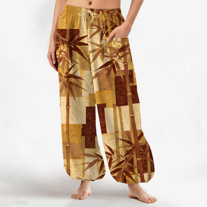 Buddha Stones Pantaloni harem da donna in cotone con motivo patchwork di bambù e vita elasticizzata, con tasche laterali. - Verga d'oro - US16, UK/AU20, EU48 (3XL) - image 10
