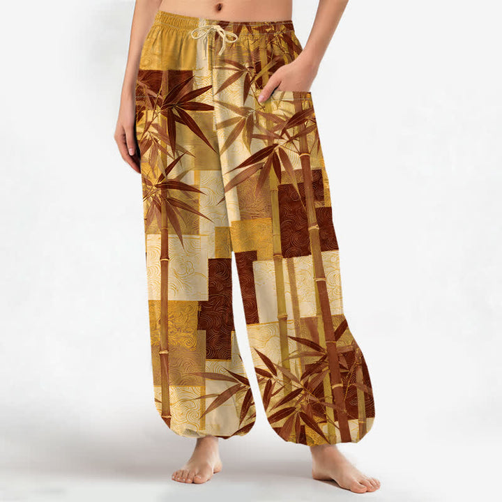 Buddha Stones Pantaloni harem da donna in cotone con motivo patchwork di bambù e vita elasticizzata, con tasche laterali. - Verga d'oro - US16, UK/AU20, EU48 (3XL) - image 10