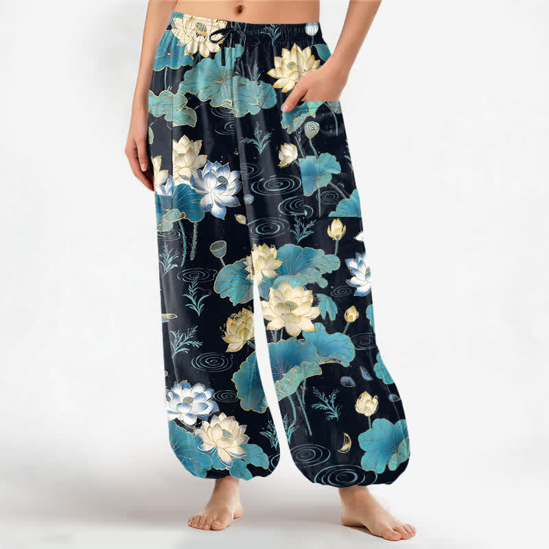 Buddha Stones Pantaloni harem da donna in cotone con motivo a foglie di loto e vita elasticizzata, con tasche laterali. - Nero - US16, UK/AU20, EU48 (3XL) - image 0