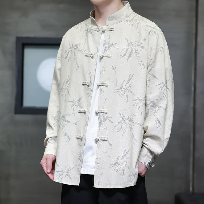 Buddha Stones Camicia da uomo a maniche lunghe, stile Tang, con bottoni a rana e stampa bambù, ideale per la primavera. - image 1