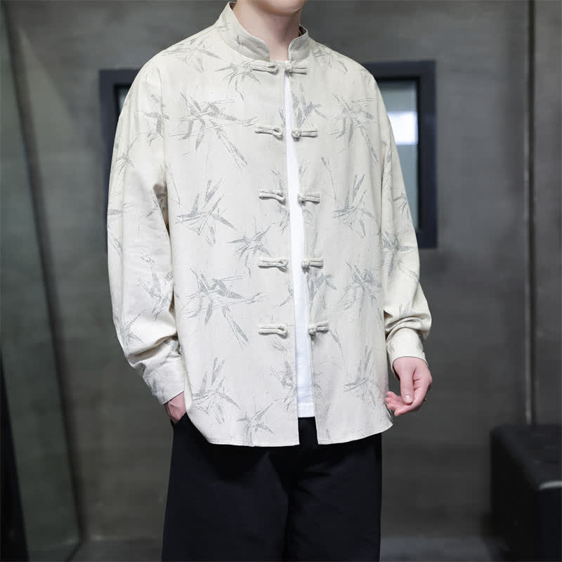 Buddha Stones Camicia da uomo a maniche lunghe, stile Tang, con bottoni a rana e stampa bambù, ideale per la primavera. - image 5