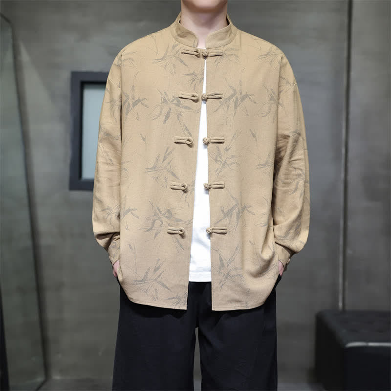 Buddha Stones Camicia da uomo a maniche lunghe, stile Tang, con bottoni a rana e stampa bambù, ideale per la primavera. - Tan - US/UK/AU46, EU56 (5XL) - image 13
