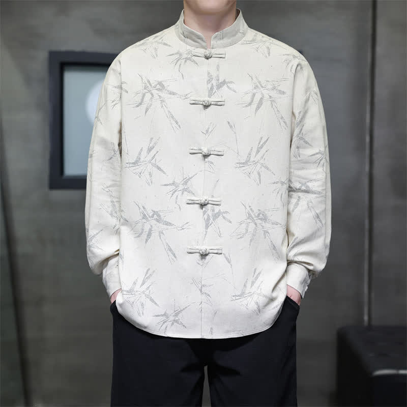 Buddha Stones Camicia da uomo a maniche lunghe, stile Tang, con bottoni a rana e stampa bambù, ideale per la primavera. - image 3