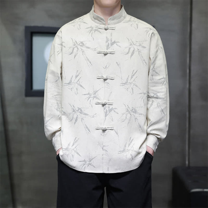 Buddha Stones Camicia da uomo a maniche lunghe, stile Tang, con bottoni a rana e stampa bambù, ideale per la primavera. - image 3
