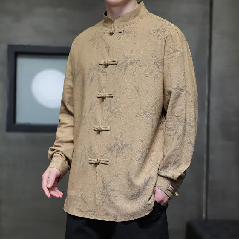 Buddha Stones Camicia da uomo a maniche lunghe, stile Tang, con bottoni a rana e stampa bambù, ideale per la primavera. - image 17