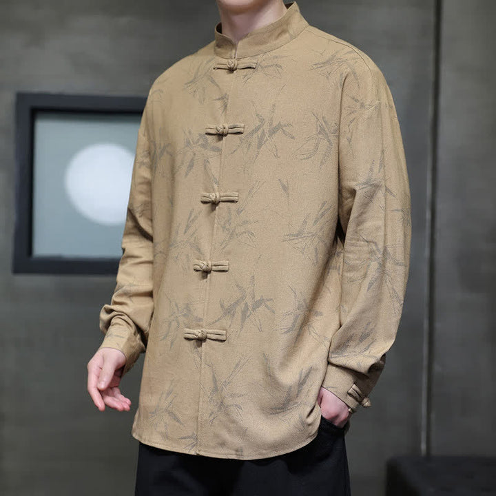 Buddha Stones Camicia da uomo a maniche lunghe, stile Tang, con bottoni a rana e stampa bambù, ideale per la primavera. - image 17