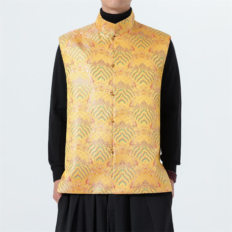 Buddha Stones Canotta da uomo elegante con colletto alla coreana e motivo floreale a onde marine, stile autunnale Tang. - Oro - US/UK/AU46, EU56 (5XL) - image 15