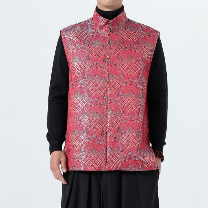 Buddha Stones Canotta da uomo elegante con colletto alla coreana e motivo floreale a onde marine, stile autunnale Tang. - Cremisi - US/UK/AU46, EU56 (5XL) - image 9