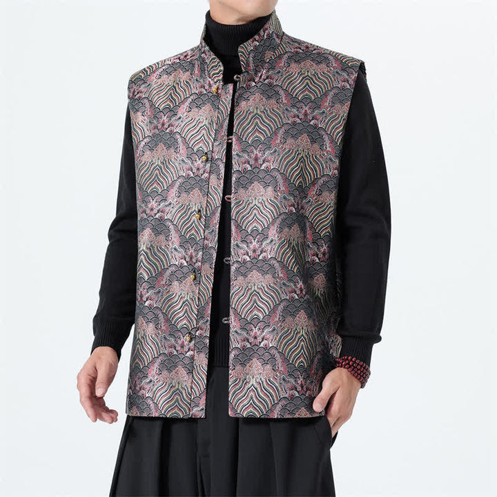 Buddha Stones Canotta da uomo elegante con colletto alla coreana e motivo floreale a onde marine, stile autunnale Tang. - Cardo - US/UK/AU46, EU56 (5XL) - image 0
