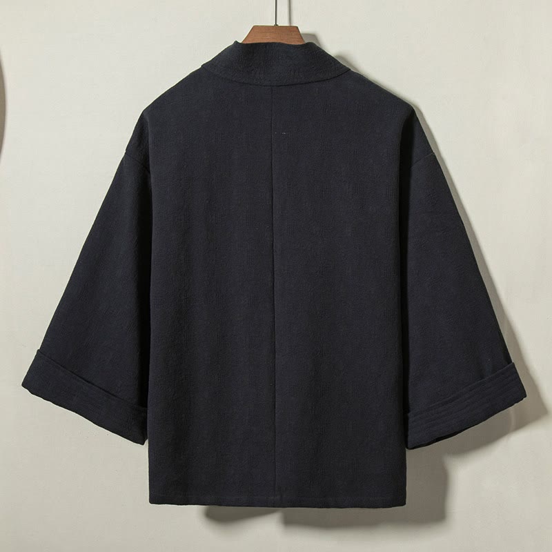 Buddha Stones Kimono da uomo minimalista in cotone tinta unita con scollo a V e coulisse, ideale per autunno/inverno. - image 1