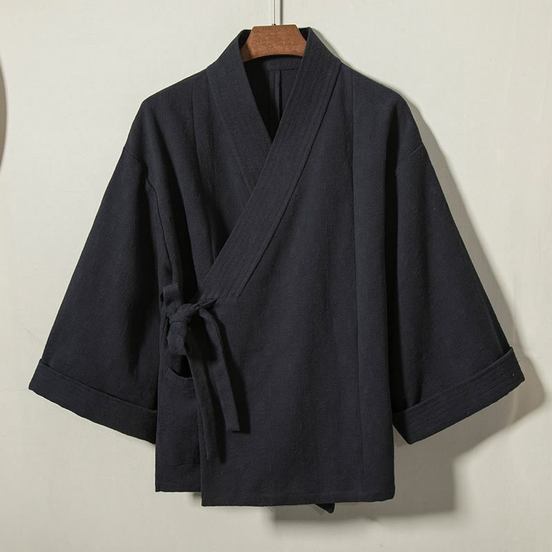 Buddha Stones Kimono da uomo minimalista in cotone tinta unita con scollo a V e coulisse, ideale per autunno/inverno. - Blu notte - US/UK/AU44, EU54 (4XL) - image 0