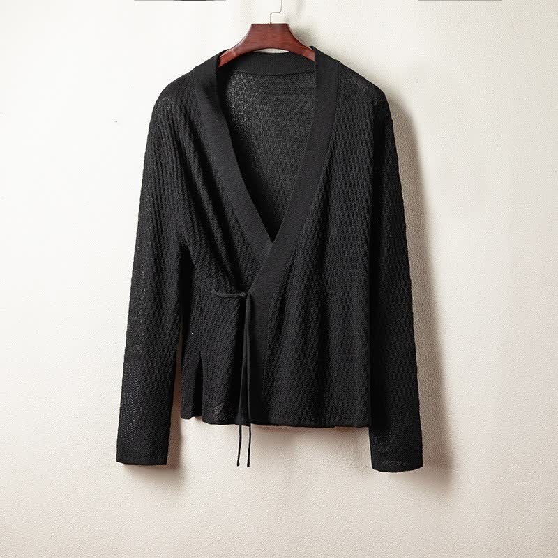 Buddha Stones Kimono da uomo primaverile casual, tinta unita, con lacci e scollo a V. - Nero - US/UK/AU42, EU52 (3XL) - image 0