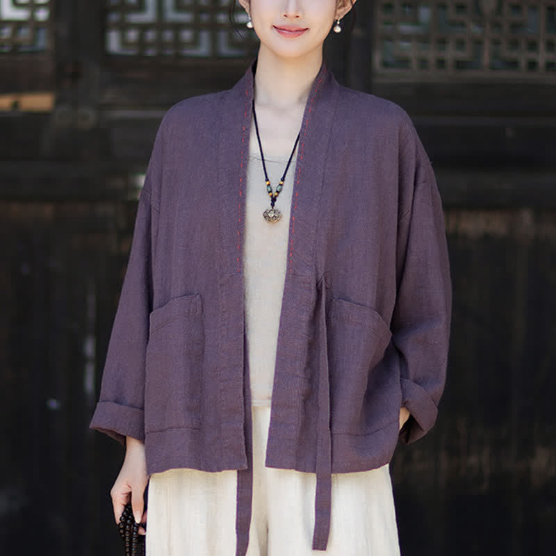 Buddha Stones Kimono da donna in ramia tinta unita, casual, minimalista, con tasche, ideale per primavera/estate. - Rebecca Viola - US4, UK/AU8, EU36-38 (F) - image 0