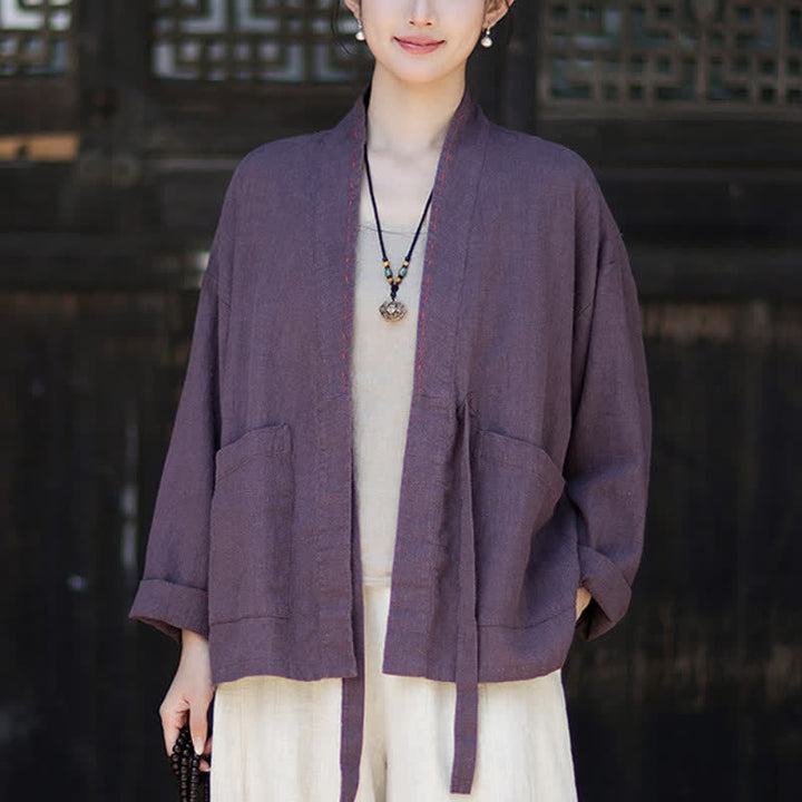 Buddha Stones Kimono da donna in ramia tinta unita, casual, minimalista, con tasche, ideale per primavera/estate. - Rebecca Viola - US4, UK/AU8, EU36-38 (F) - image 0