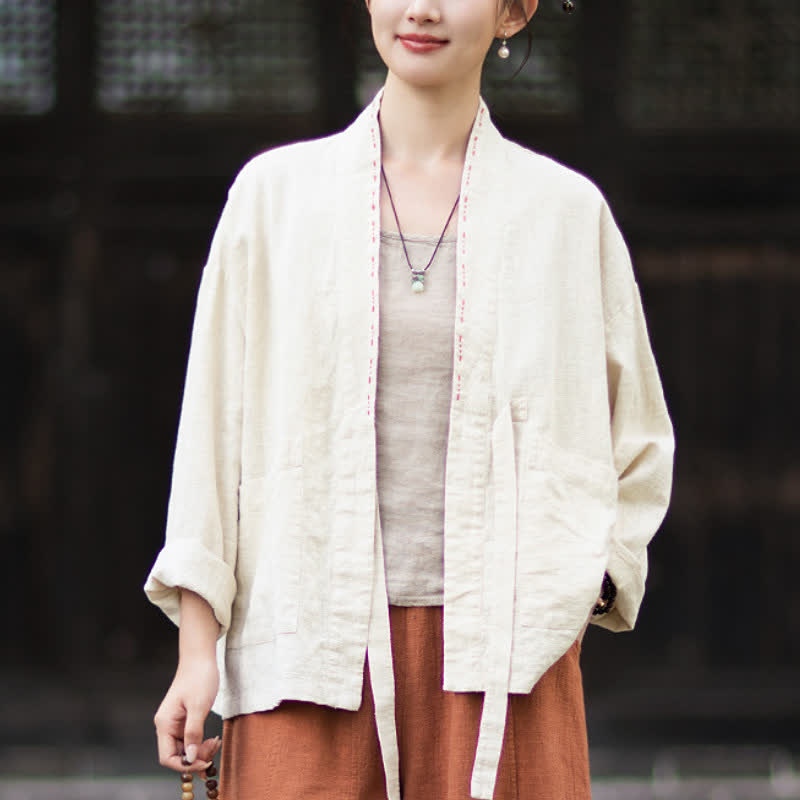 Buddha Stones Kimono da donna in ramia tinta unita, casual, minimalista, con tasche, ideale per primavera/estate. - Beige - US4, UK/AU8, EU36-38 (F) - image 7