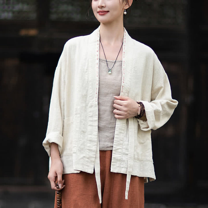 Buddha Stones Kimono da donna in ramia tinta unita, casual, minimalista, con tasche, ideale per primavera/estate. - image 8