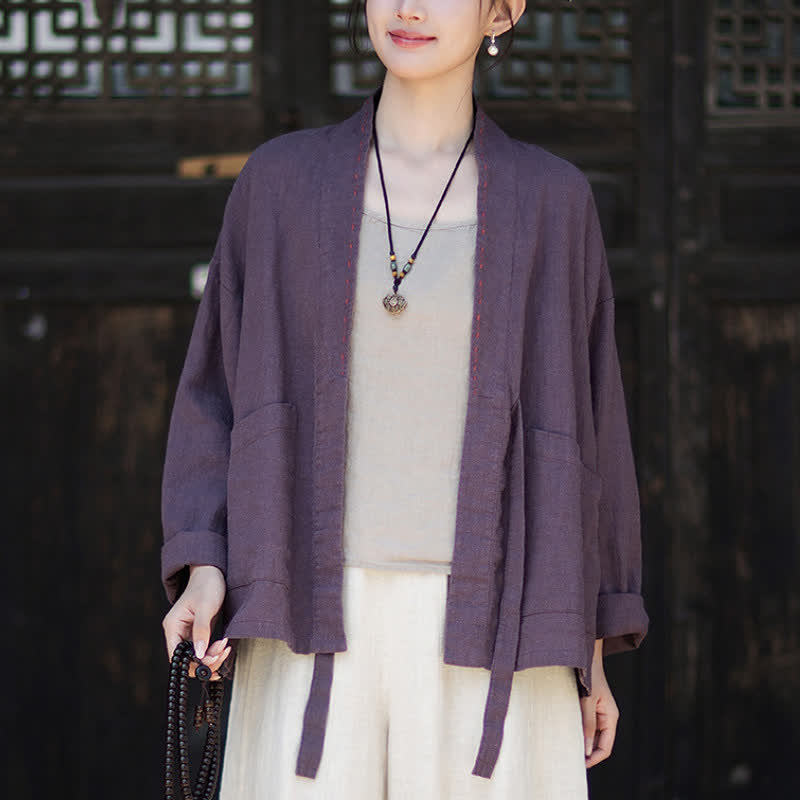 Buddha Stones Kimono da donna in ramia tinta unita, casual, minimalista, con tasche, ideale per primavera/estate. - image 4