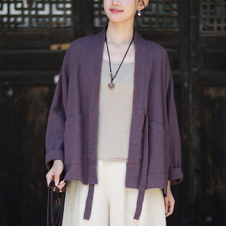Buddha Stones Kimono da donna in ramia tinta unita, casual, minimalista, con tasche, ideale per primavera/estate. - image 4