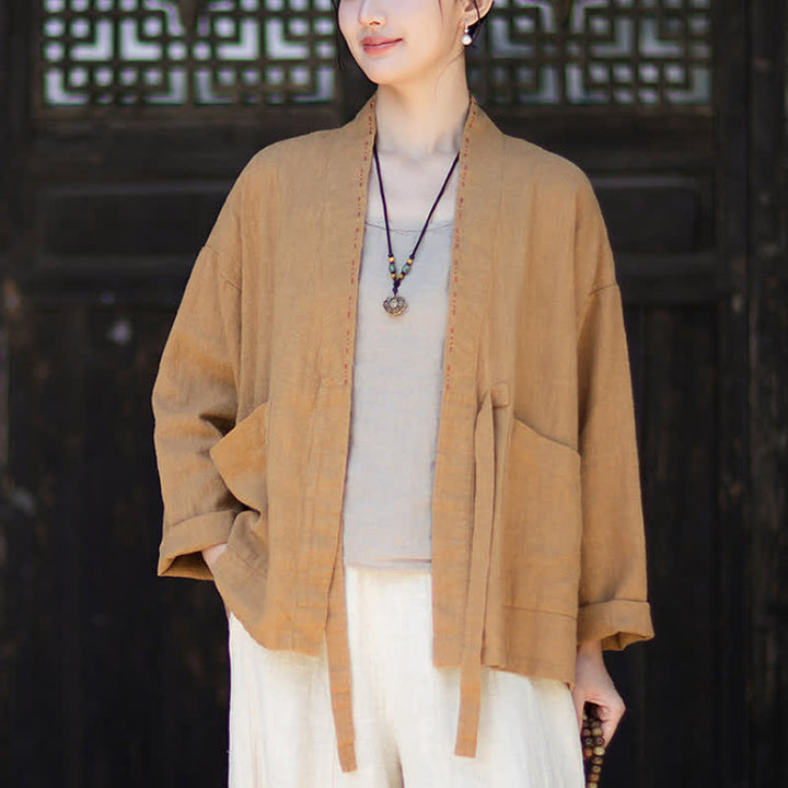 Buddha Stones Kimono da donna in ramia tinta unita, casual, minimalista, con tasche, ideale per primavera/estate. - image 11