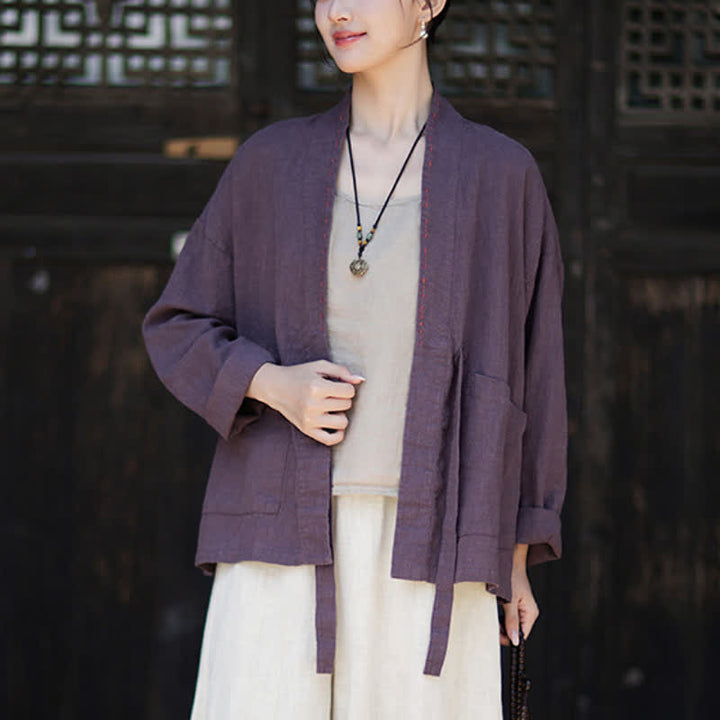 Buddha Stones Kimono da donna in ramia tinta unita, casual, minimalista, con tasche, ideale per primavera/estate. - image 1
