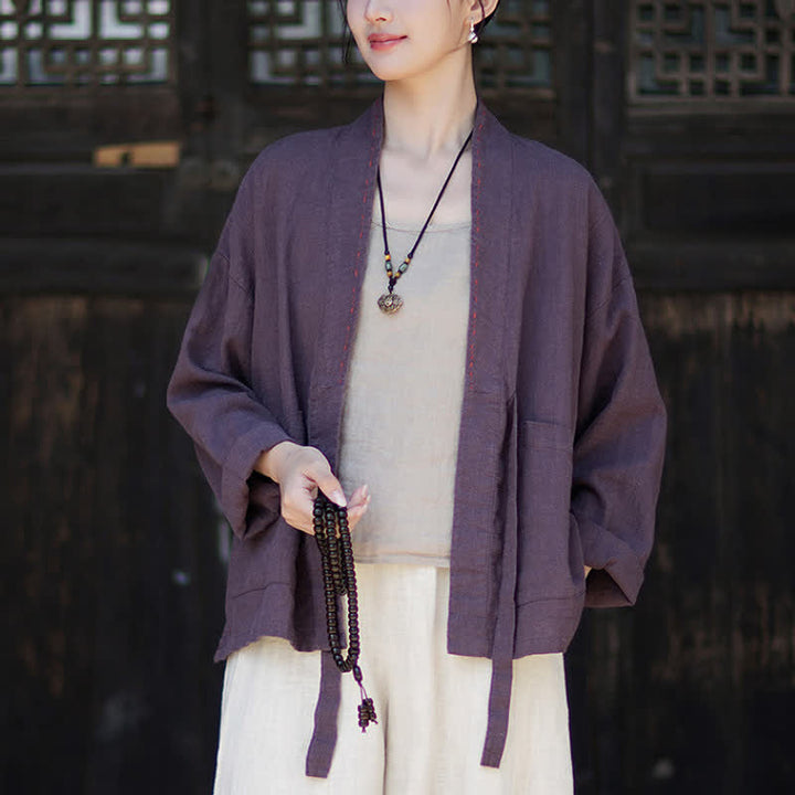 Buddha Stones Kimono da donna in ramia tinta unita, casual, minimalista, con tasche, ideale per primavera/estate. - image 2