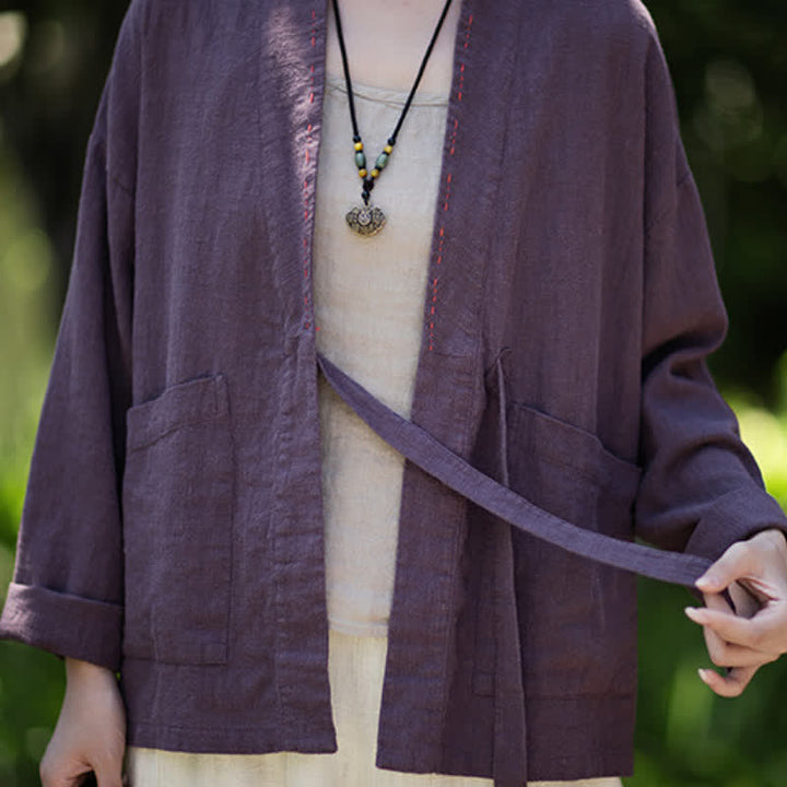 Buddha Stones Kimono da donna in ramia tinta unita, casual, minimalista, con tasche, ideale per primavera/estate. - image 6