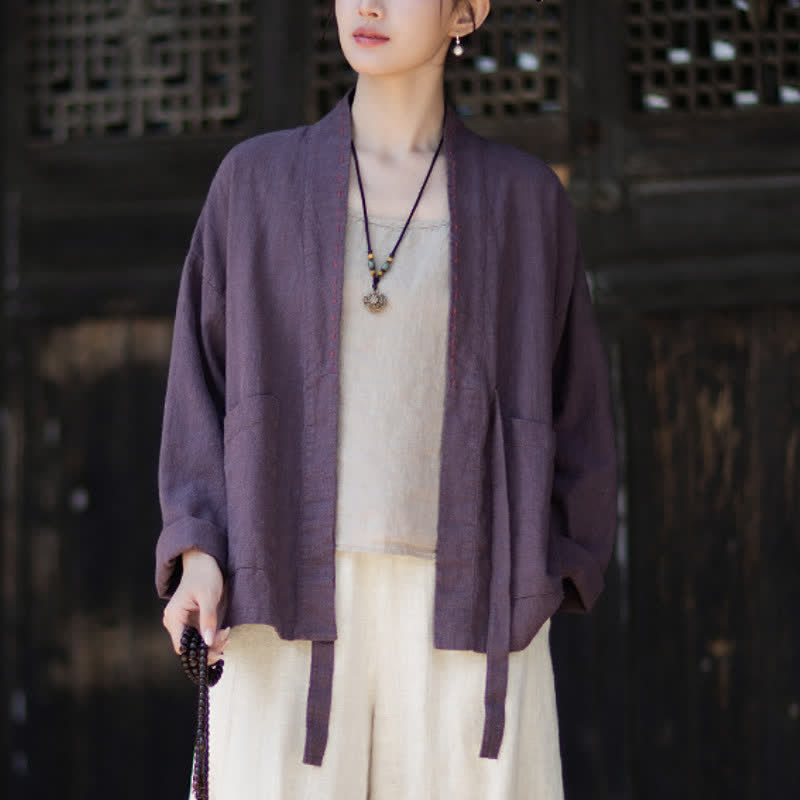 Buddha Stones Kimono da donna in ramia tinta unita, casual, minimalista, con tasche, ideale per primavera/estate. - image 5