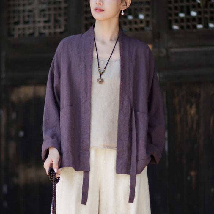Buddha Stones Kimono da donna in ramia tinta unita, casual, minimalista, con tasche, ideale per primavera/estate. - image 5
