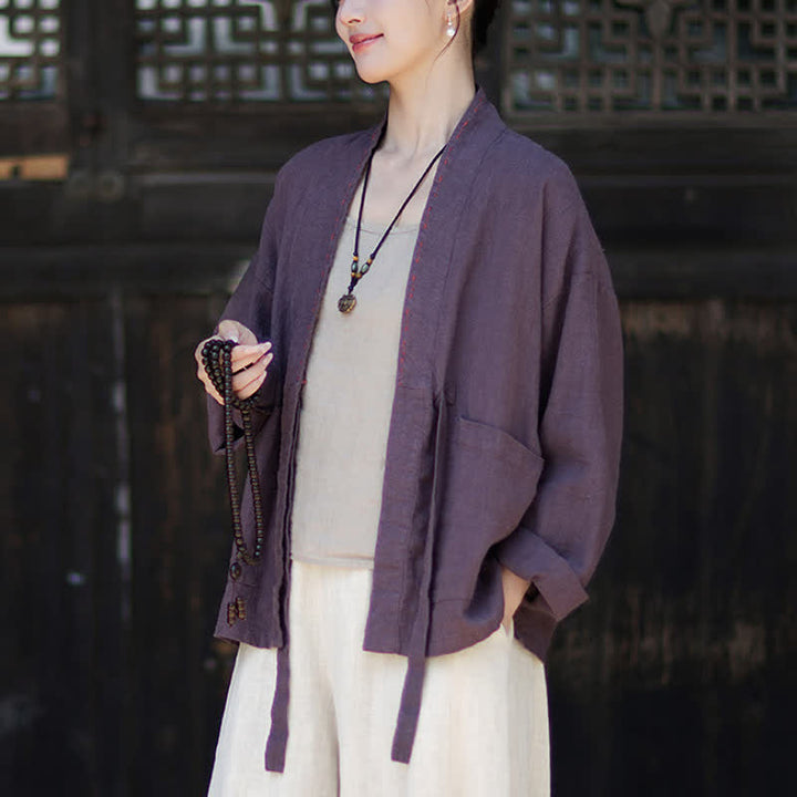Buddha Stones Kimono da donna in ramia tinta unita, casual, minimalista, con tasche, ideale per primavera/estate. - image 3