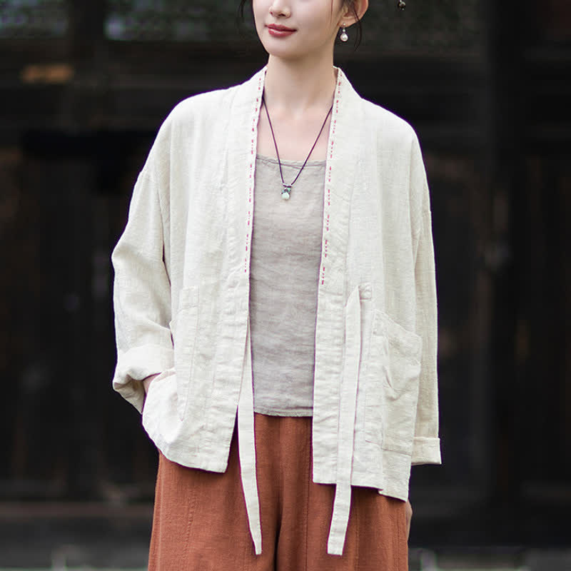 Buddha Stones Kimono da donna in ramia tinta unita, casual, minimalista, con tasche, ideale per primavera/estate. - image 9